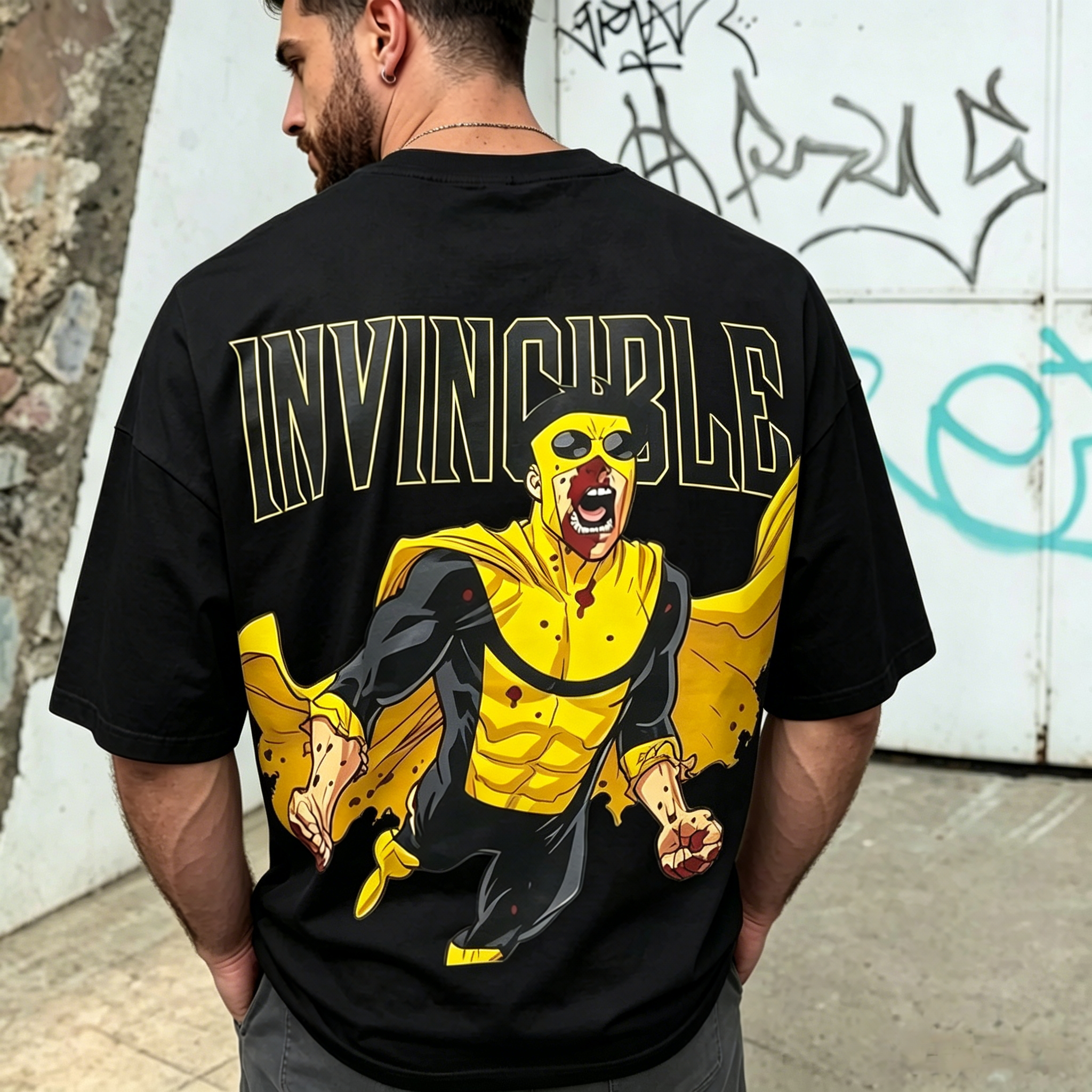 Unbeatable Hero Graphic Streetwear T-Shirt – Bold Yellow Superhero Oversized Tee