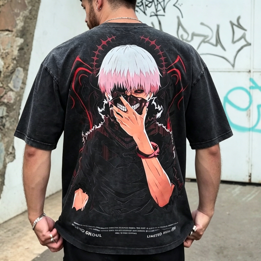 Dual-Sided Graphic Streetwear T-Shirt – Floral Minimal Front Design, Masked Character Back Illustration