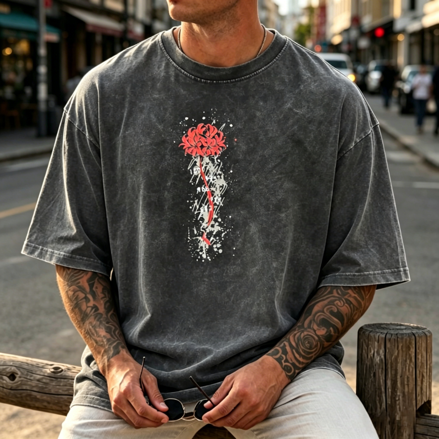 Dual-Sided Graphic Streetwear T-Shirt – Floral Minimal Front Design, Masked Character Back Illustration