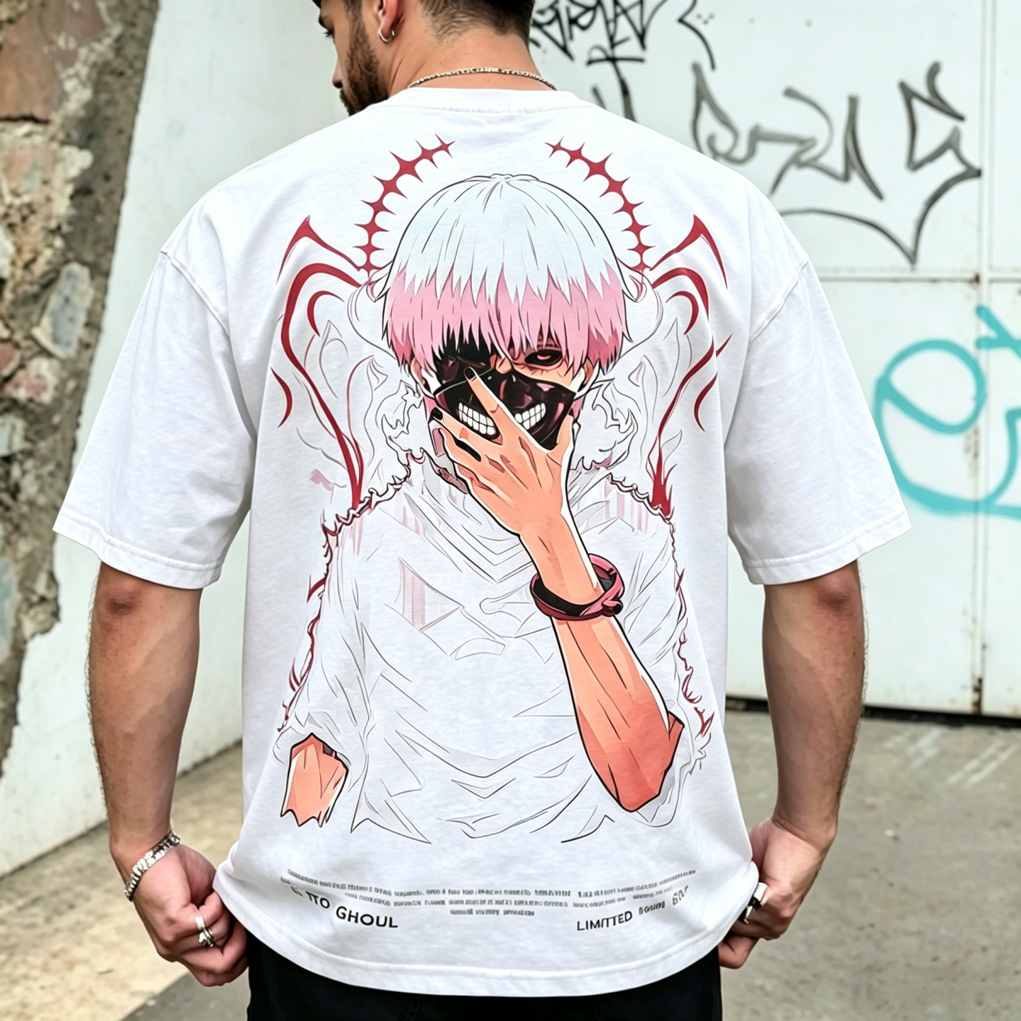 Dual-Sided Graphic Streetwear T-Shirt – Floral Minimal Front Design, Masked Character Back Illustration