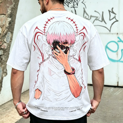 Dual-Sided Graphic Streetwear T-Shirt – Floral Minimal Front Design, Masked Character Back Illustration