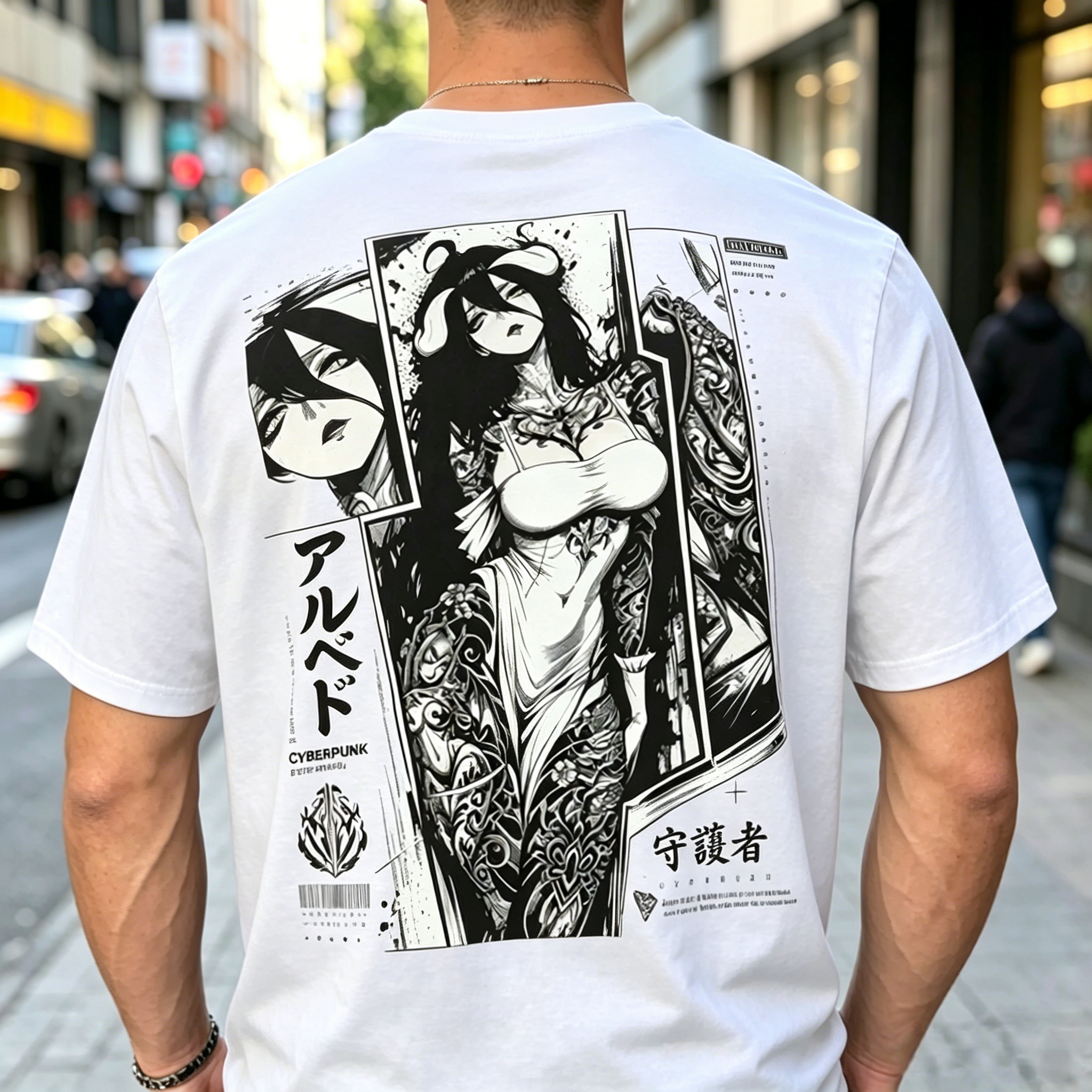 Dual-Sided Streetwear Graphic T-Shirt – Gothic Typography Front & Character Illustration Back Tee