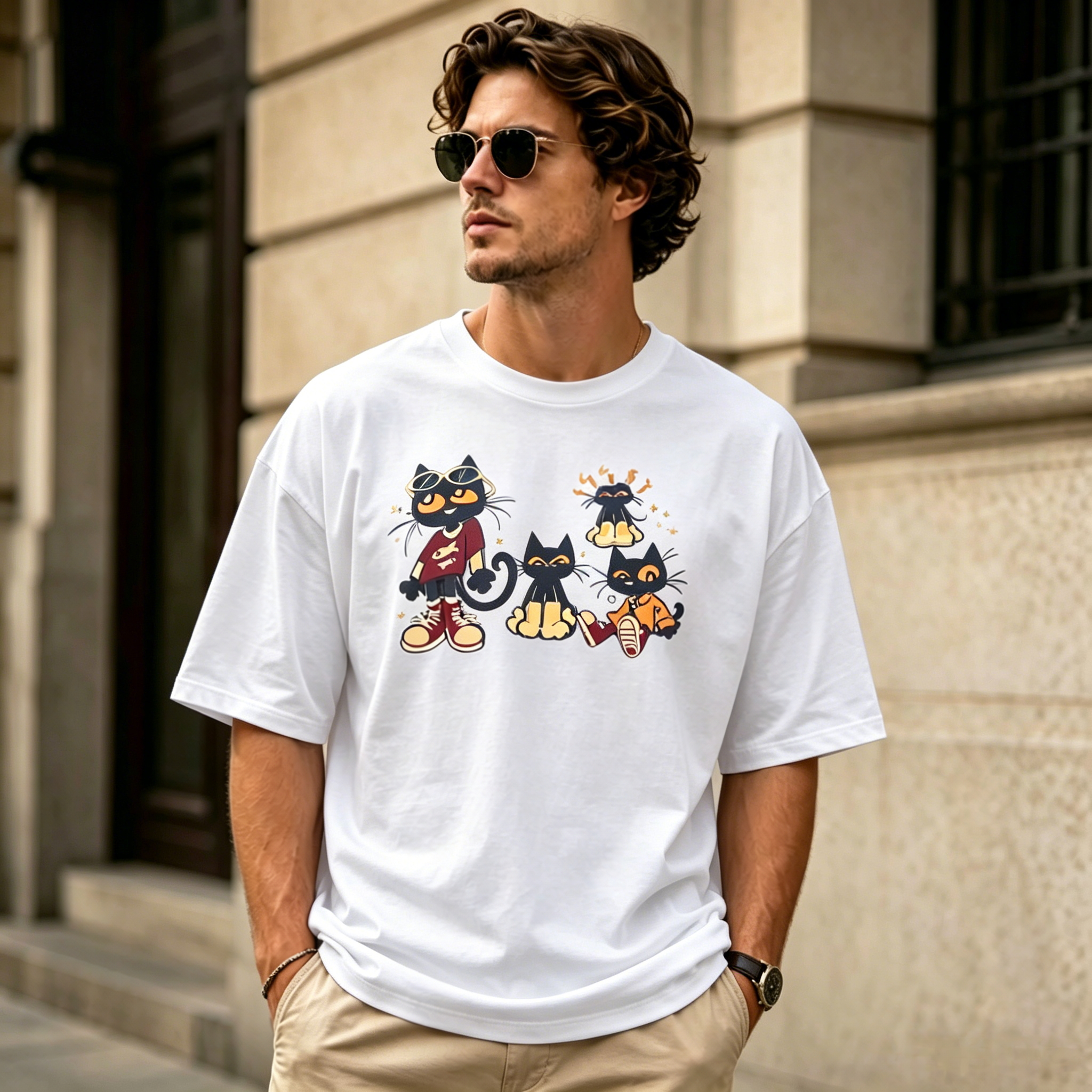 Playful Cartoon Cat Crew Character Graphic Streetwear T-Shirt – Cute Casual Urban Animal Illustration Tee