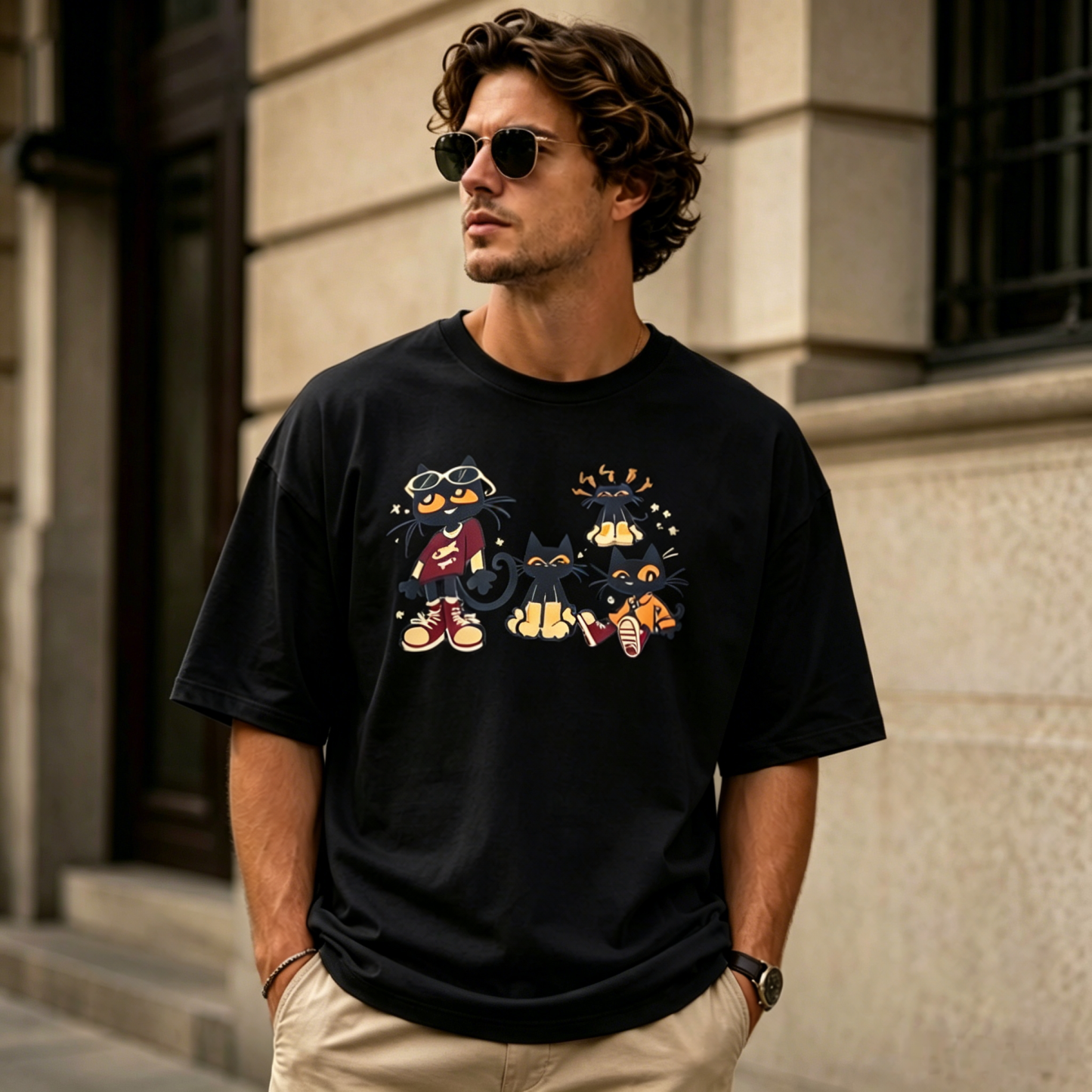 Playful Cartoon Cat Crew Character Graphic Streetwear T-Shirt – Cute Casual Urban Animal Illustration Tee