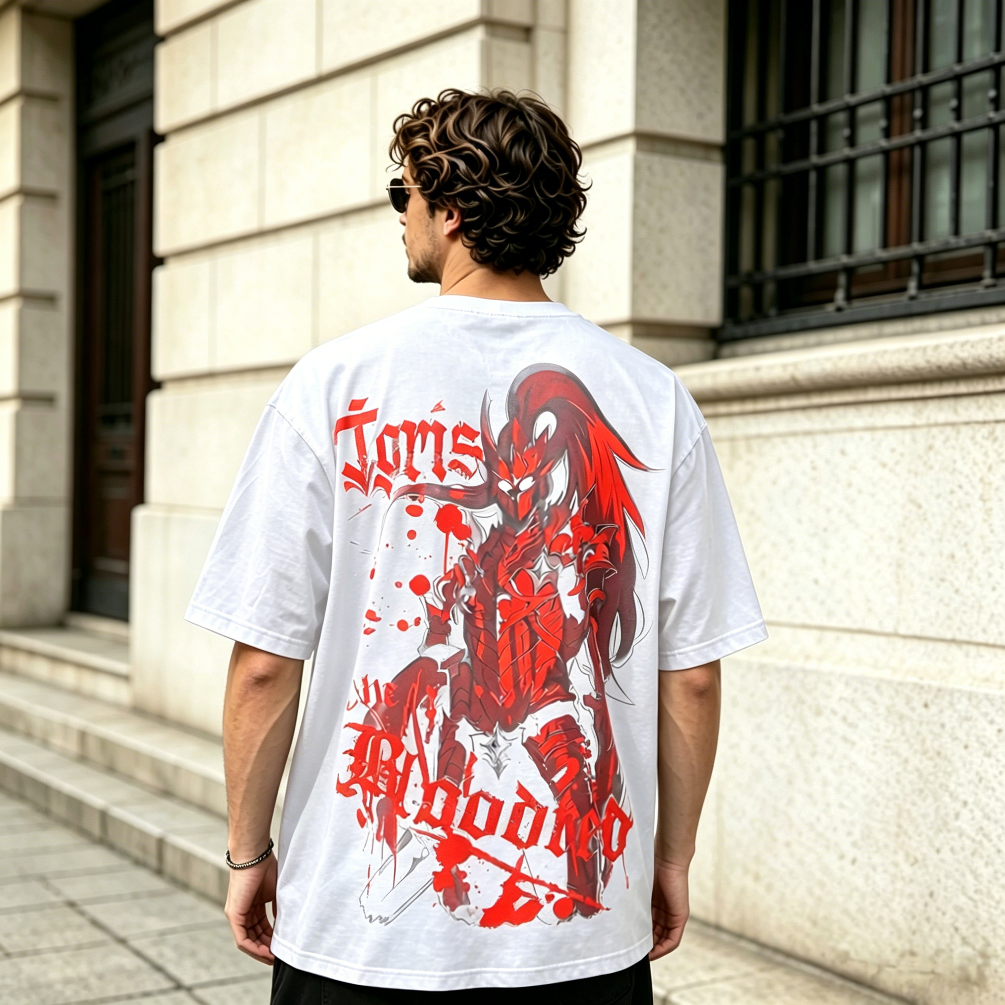 Crimson Cursed Blade Demon Warrior Dual-Sided Graphic Oversized Black Streetwear T-Shirt