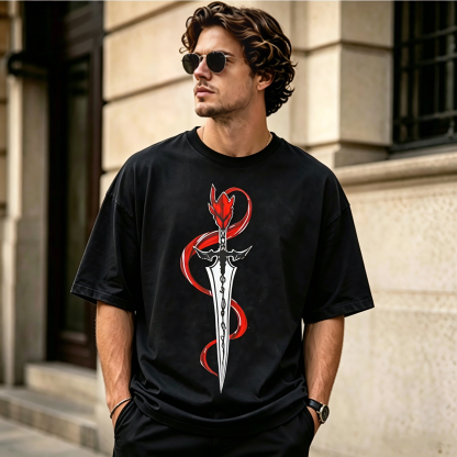 Crimson Cursed Blade Demon Warrior Dual-Sided Graphic Oversized Black Streetwear T-Shirt