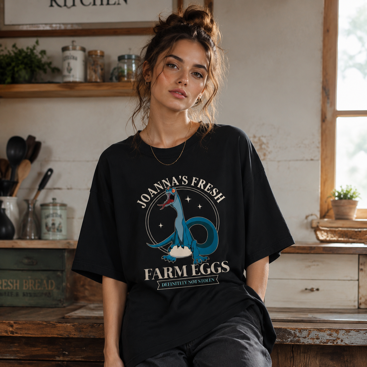 Funny Cartoon Dragon “Farm Eggs” Graphic Oversized Cream Streetwear T-Shirt