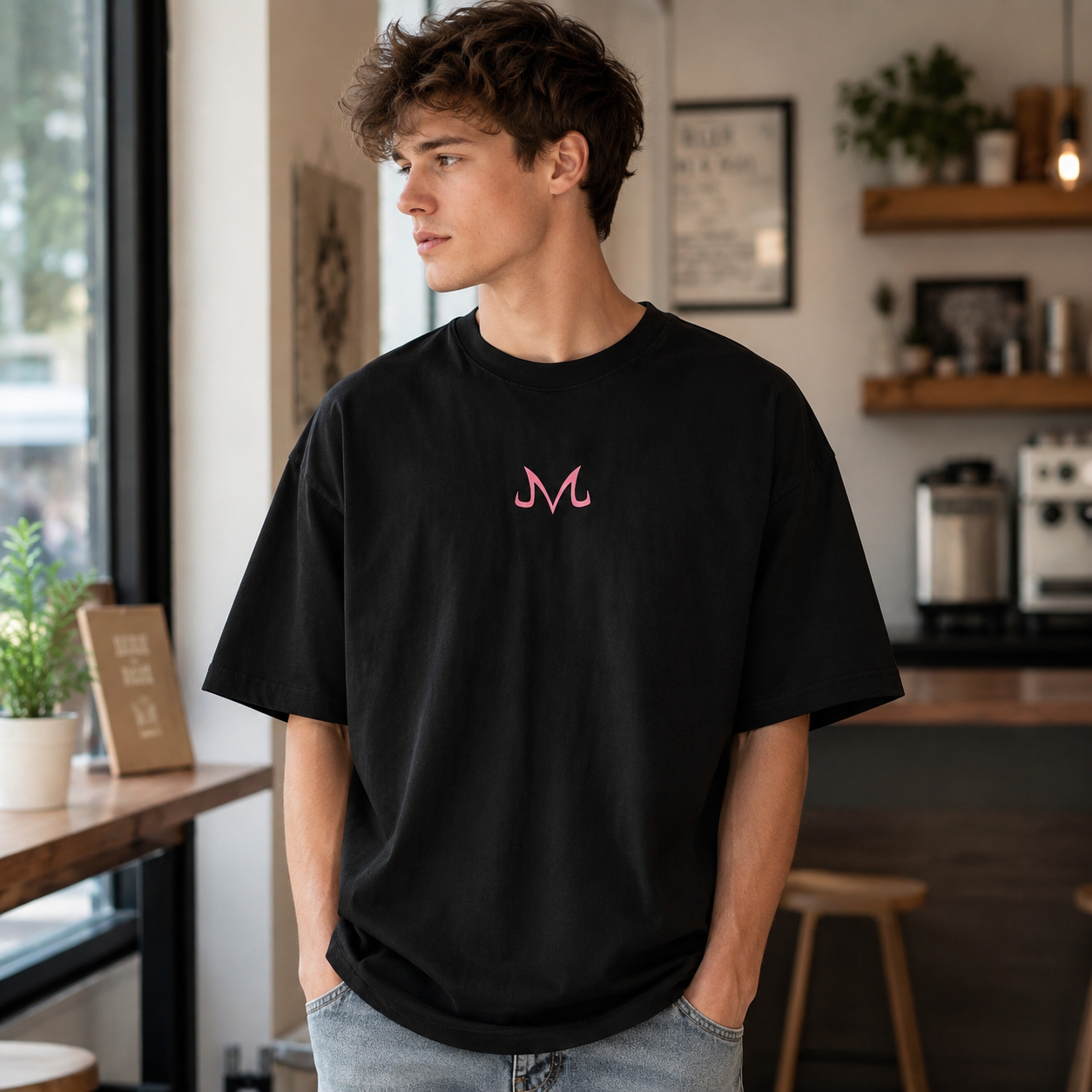 Pink Energy Demon Warrior Dual-Sided Graphic Oversized Black Streetwear T-Shirt