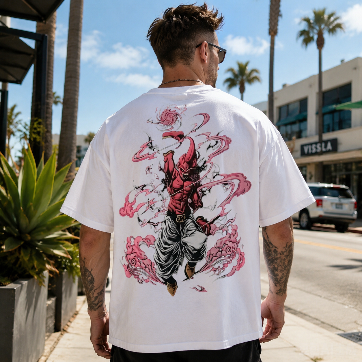 Pink Energy Demon Warrior Dual-Sided Graphic Oversized Black Streetwear T-Shirt