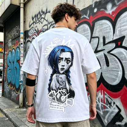 Graffiti Girl Back Print Oversized Streetwear T-Shirt with Minimal Front Logo