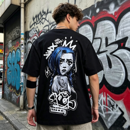 Graffiti Girl Back Print Oversized Streetwear T-Shirt with Minimal Front Logo