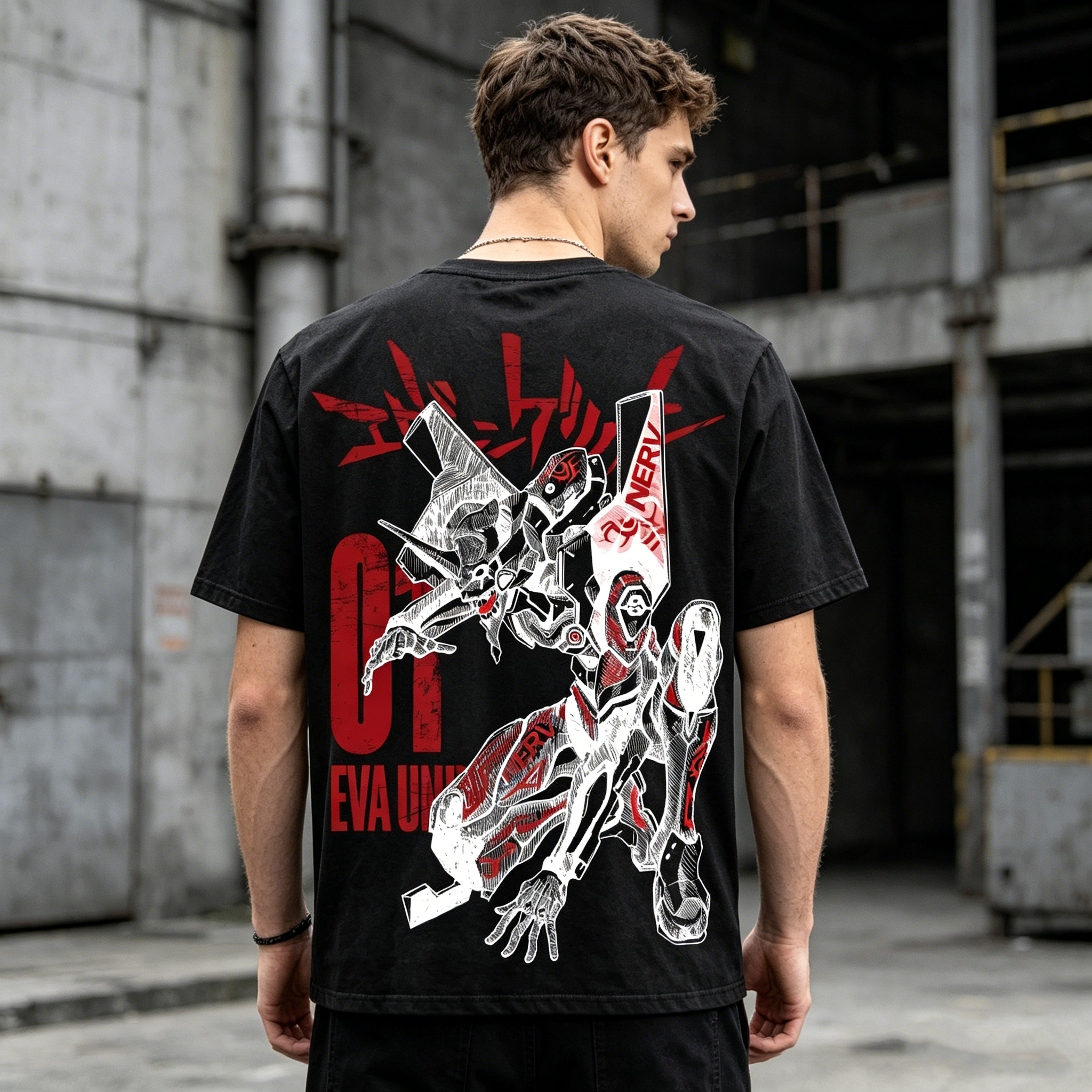 Mecha Warrior Dual-Sided Graphic Oversized Streetwear T-Shirt with Minimal Front Print