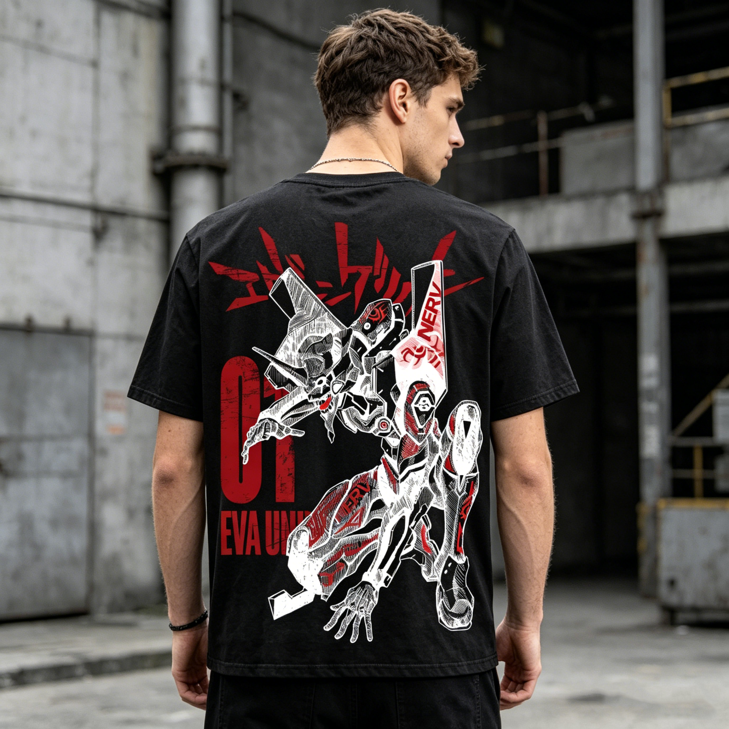Mecha Warrior Dual-Sided Graphic Oversized Streetwear T-Shirt with Minimal Front Print