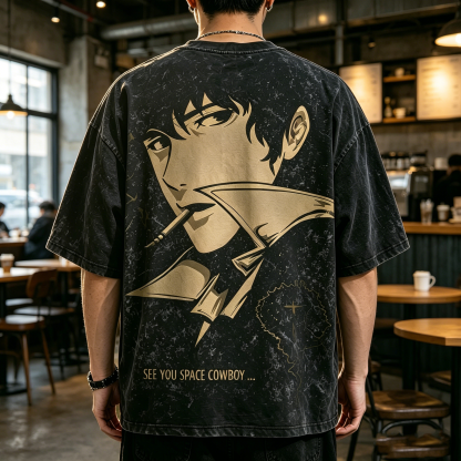 Retro Space Bounty Hunter Character Dual-Sided Graphic Oversized Streetwear T-Shirt