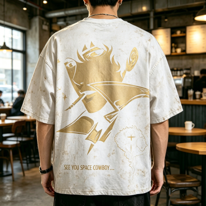 Retro Space Bounty Hunter Character Dual-Sided Graphic Oversized Streetwear T-Shirt