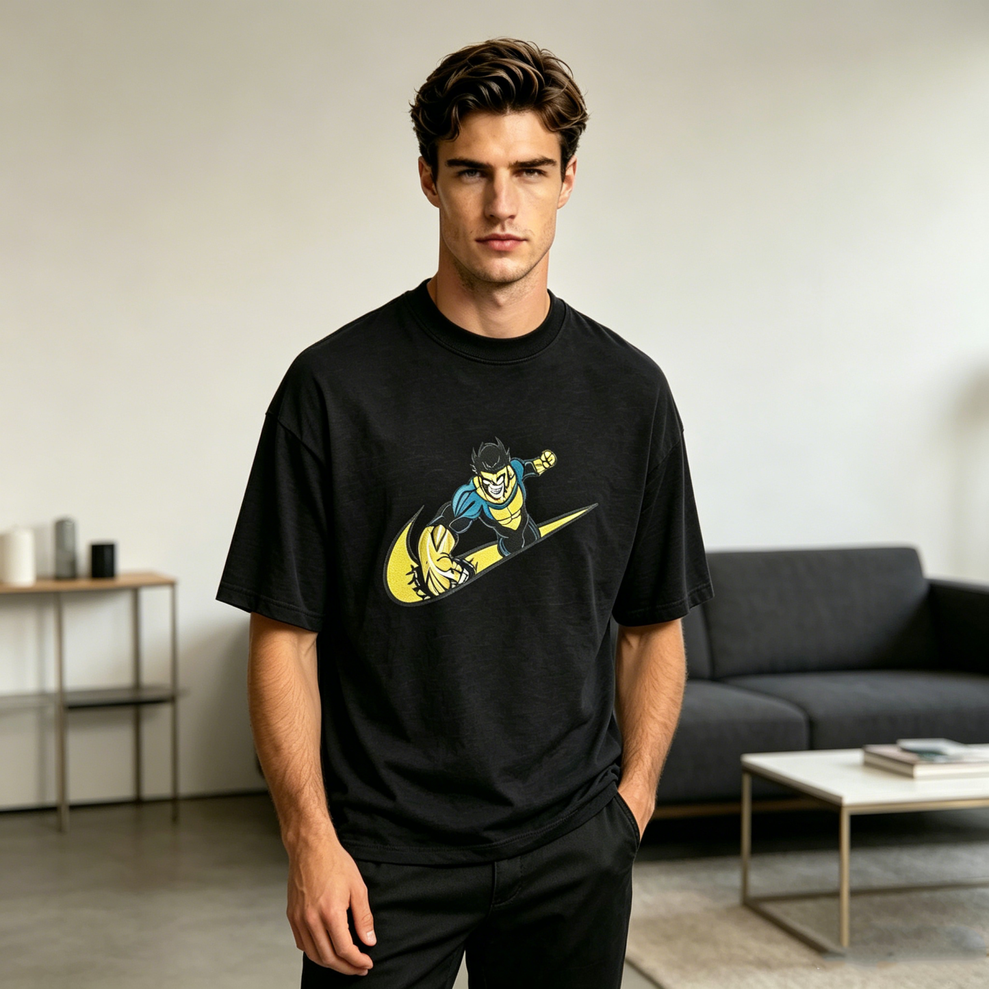 Dynamic Hero Action Graphic Streetwear T-Shirt – Yellow Blue Sport-Inspired Illustration Tee