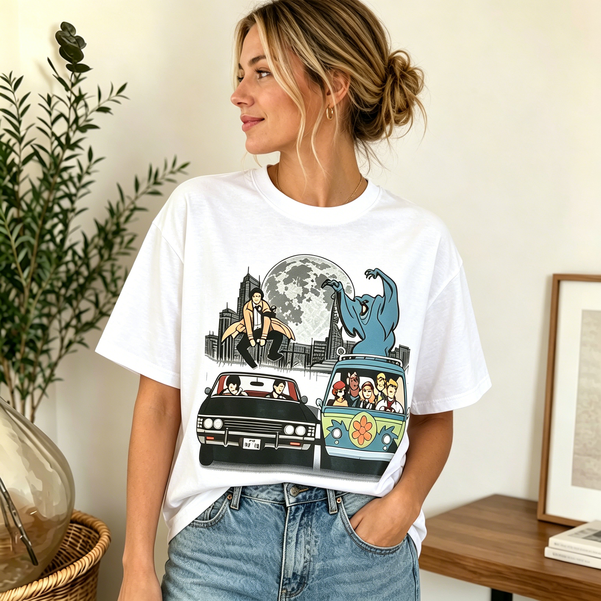Retro Urban Night Adventure Graphic Streetwear Tee – Vintage City Monster Chase Print T-Shirt