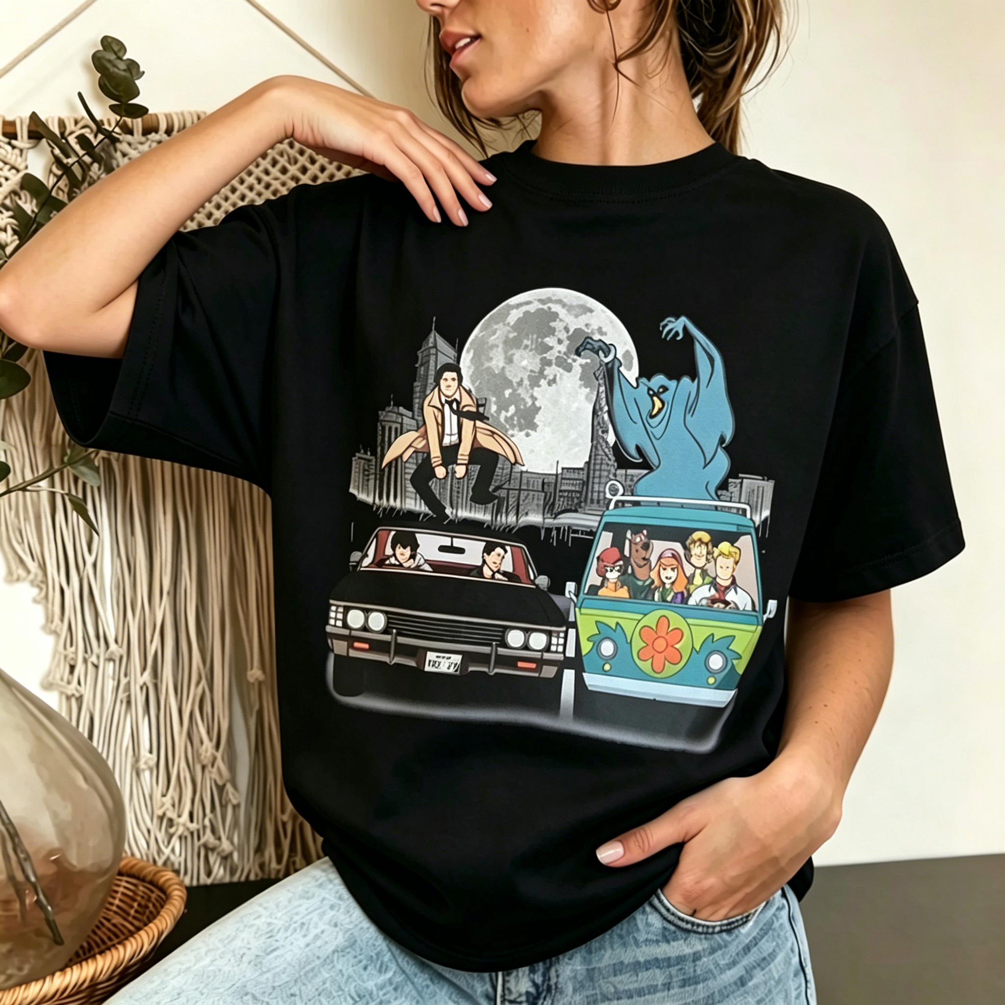 Retro Urban Night Adventure Graphic Streetwear Tee – Vintage City Monster Chase Print T-Shirt