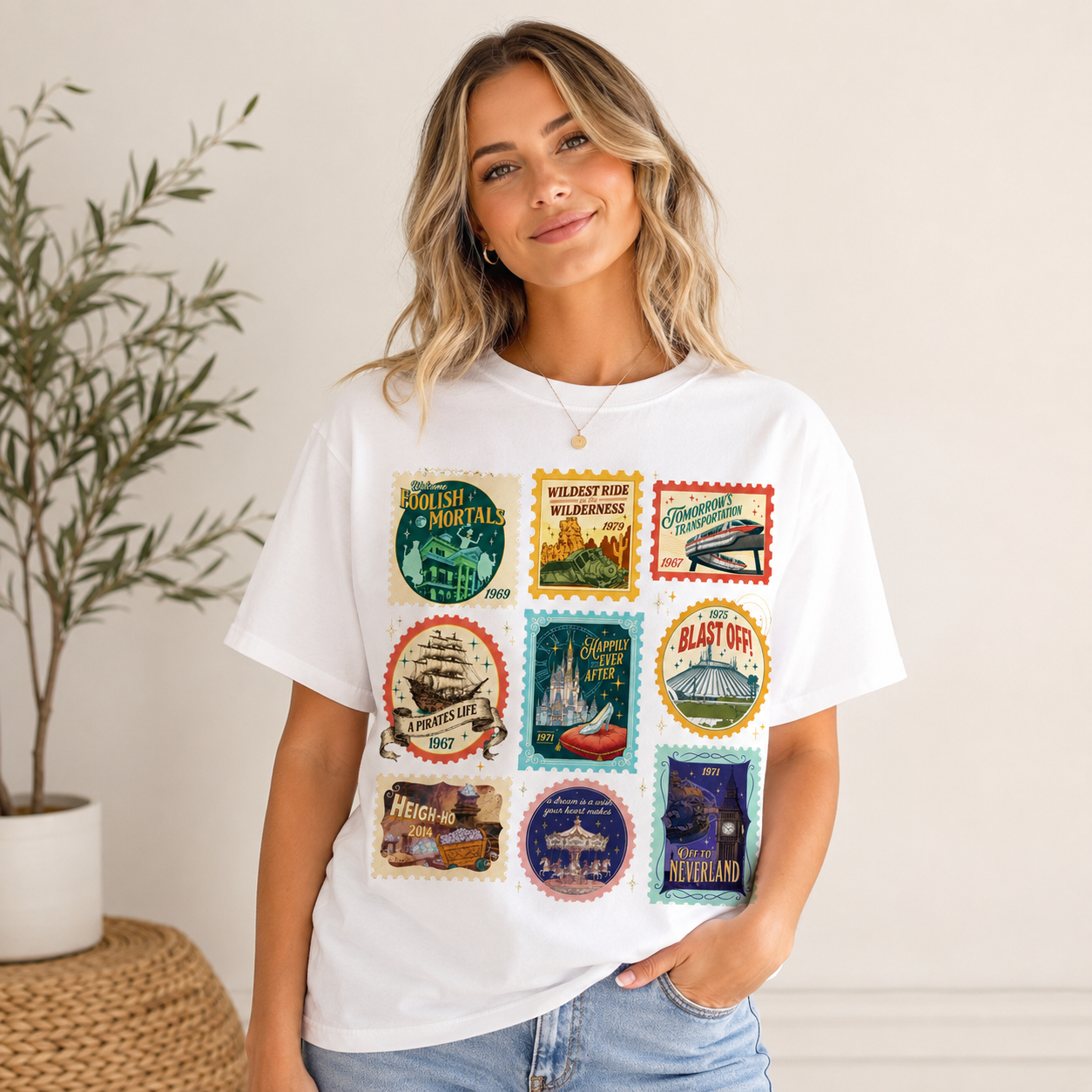 Vintage Adventure Stamp Collage Graphic Tee for Nostalgic Travel and Storybook Fans