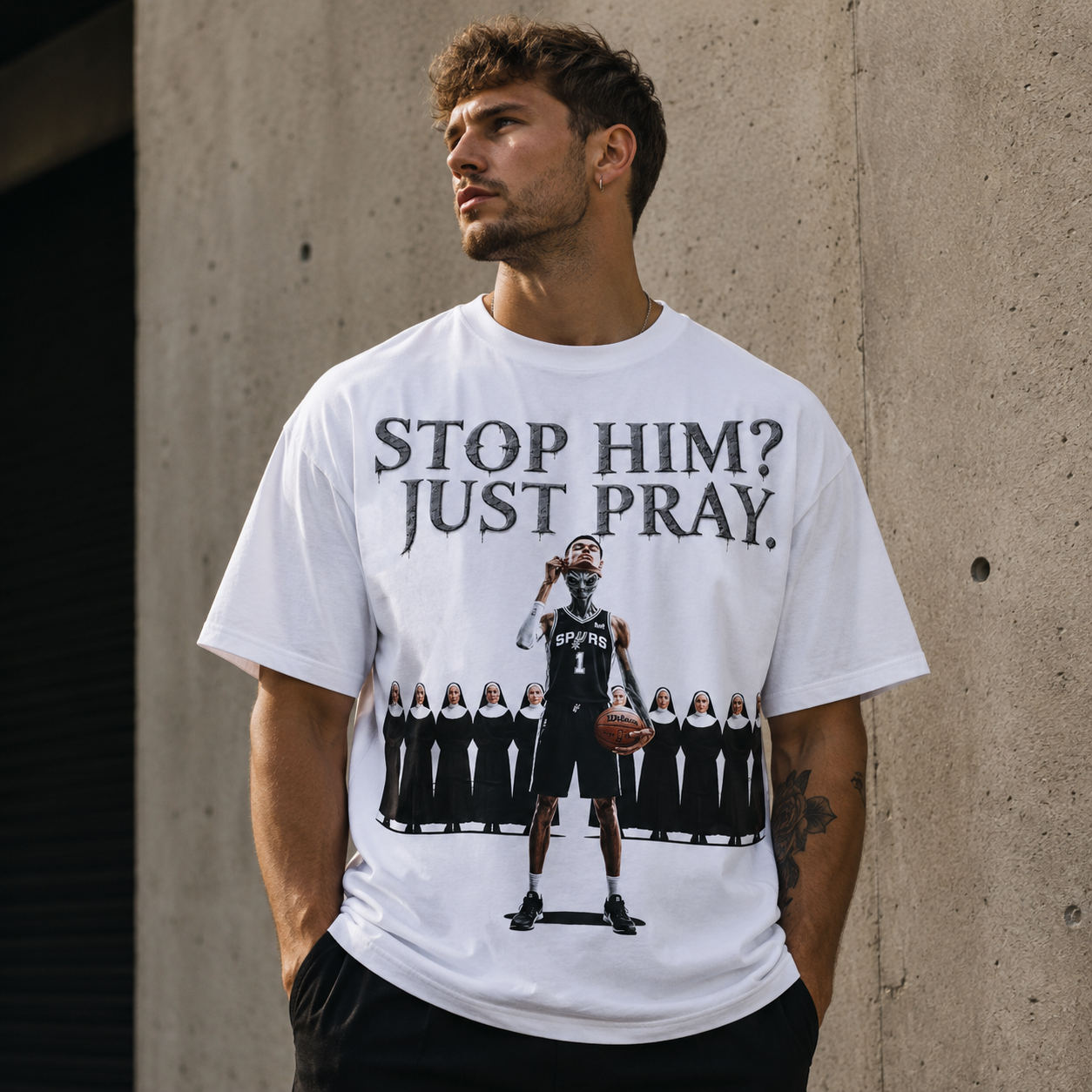 Victor Wembanyama “Stop Him? Just Pray” Spurs Basketball Graphic Athletic T-Shirt