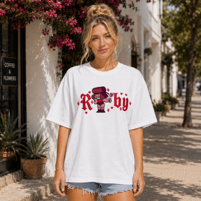 Embroidered Cartoon Character Heart Graphic T-Shirt with Romantic Streetwear Aesthetic Unisex Casual Tee