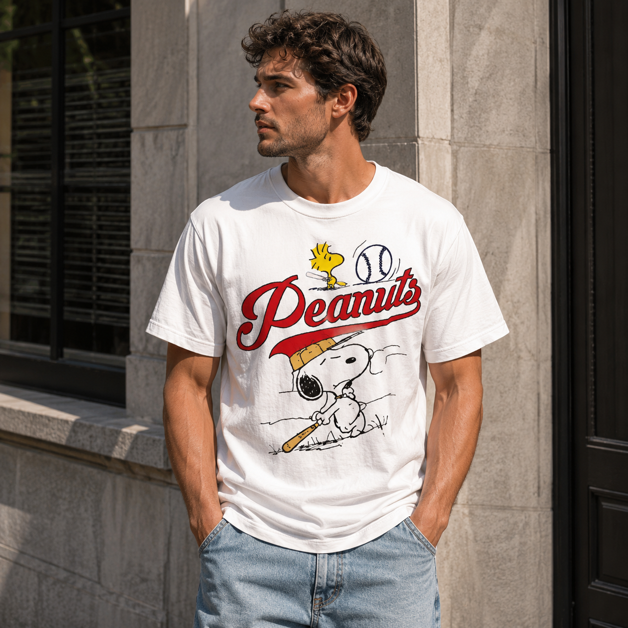 Retro Baseball-Inspired Graphic T-Shirt — A streetwear-style, sporty short-sleeve tee featuring a "Peanuts" logo in retro script alongside a cartoon illustration of a batter.