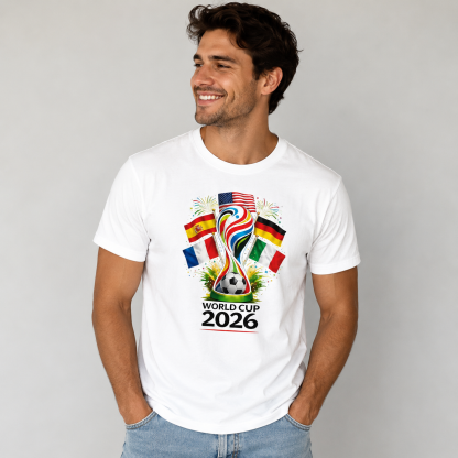 FIFA World Cup 2026 Commemorative Graphic T-Shirt – International Football Trophy Celebration Streetwear Tee with Flags & Soccer Ball Design
