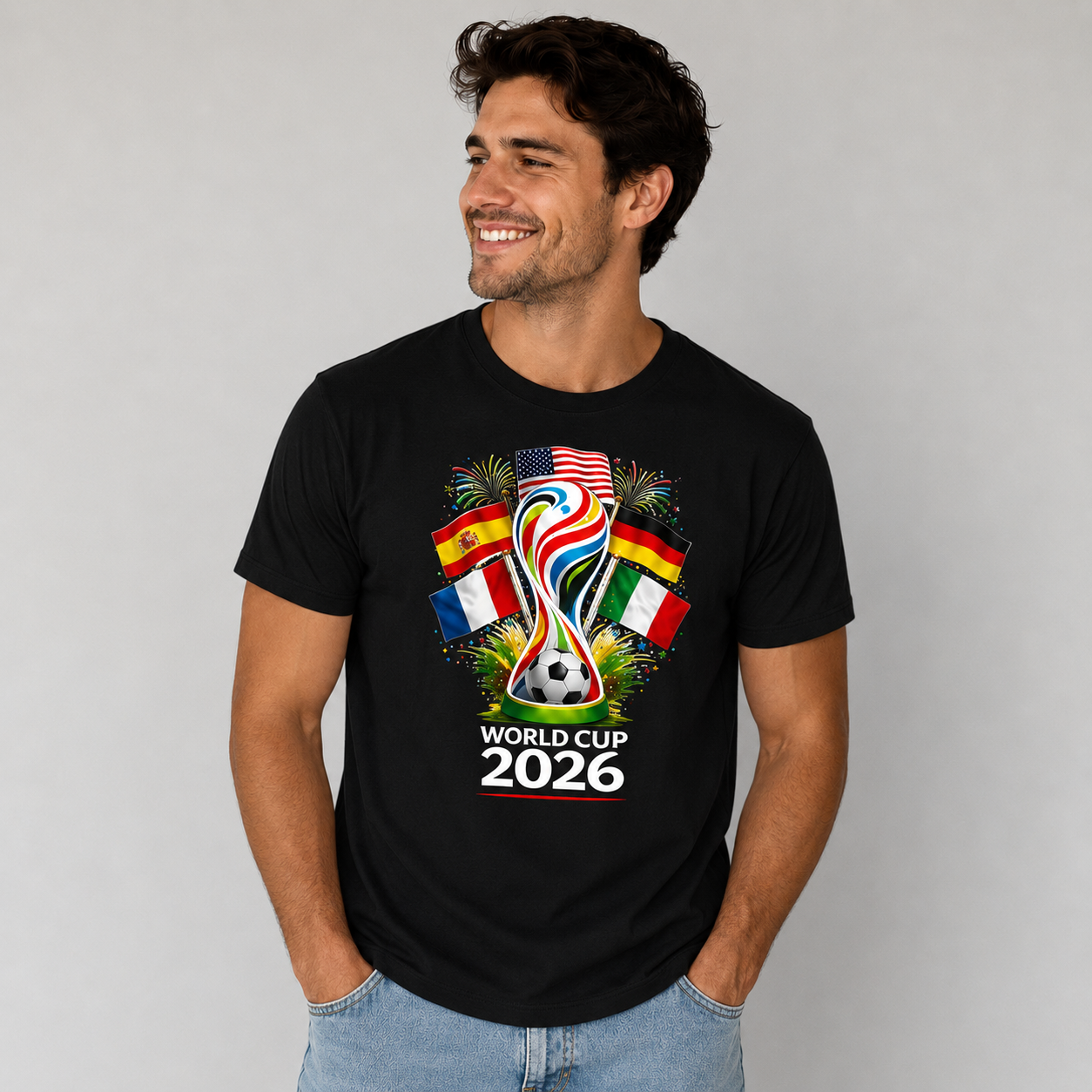 FIFA World Cup 2026 Commemorative Graphic T-Shirt – International Football Trophy Celebration Streetwear Tee with Flags & Soccer Ball Design