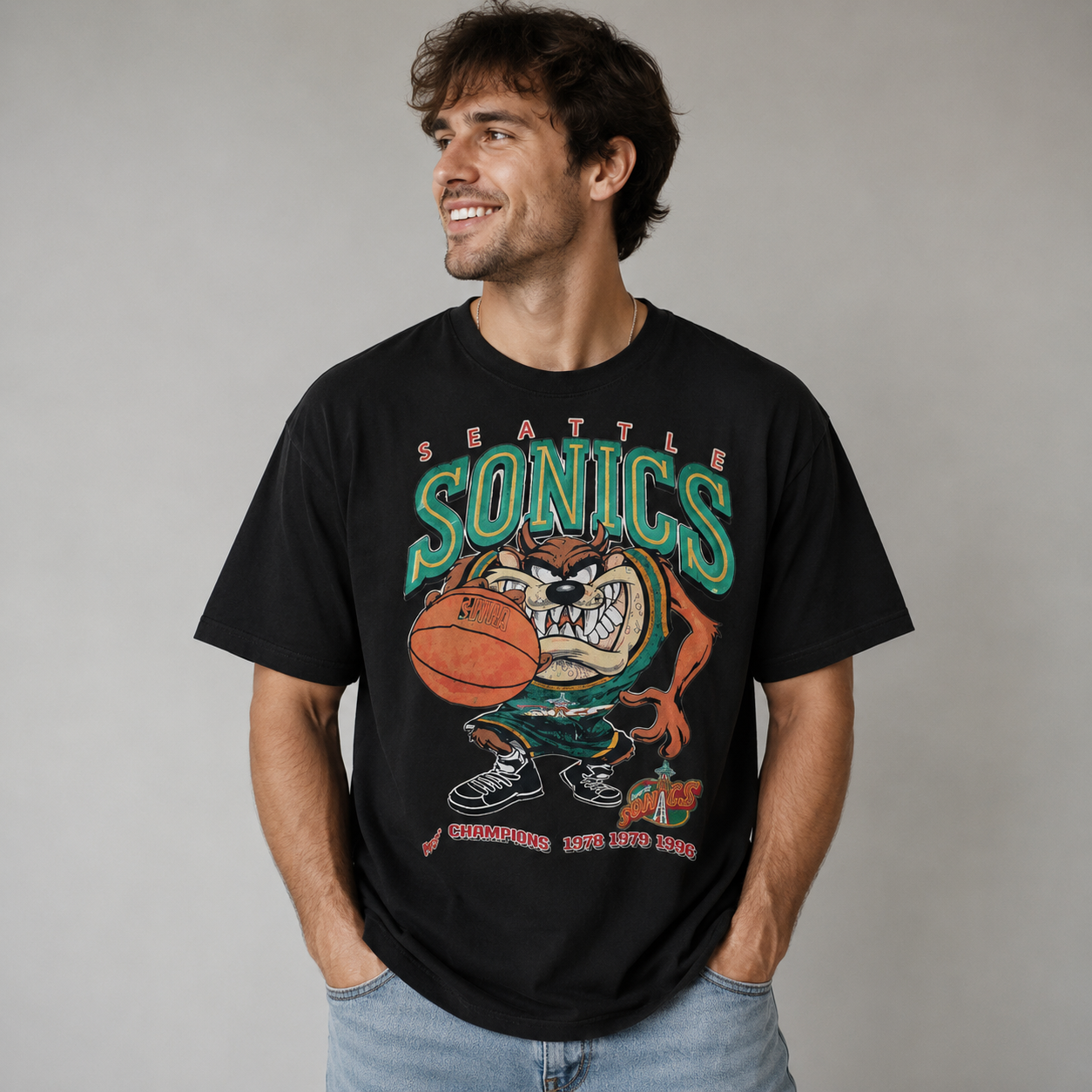 Seattle SuperSonics Vintage Basketball Graphic T-Shirt – Retro NBA Champions Streetwear Tee with Cartoon Mascot & Championship Year Print