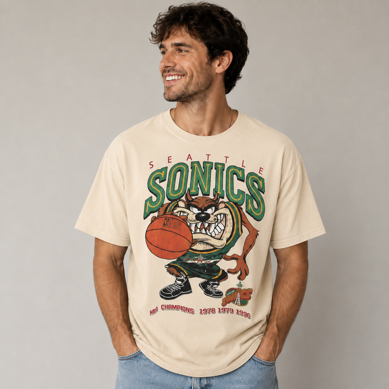 Seattle SuperSonics Vintage Basketball Graphic T-Shirt – Retro NBA Champions Streetwear Tee with Cartoon Mascot & Championship Year Print