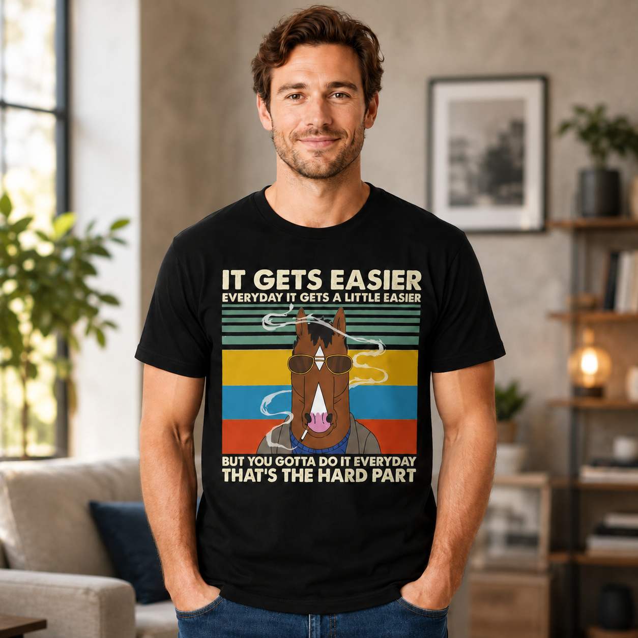Motivational Cartoon Horse Quote Graphic T-Shirt “It Gets Easier” Everyday Streetwear Tee