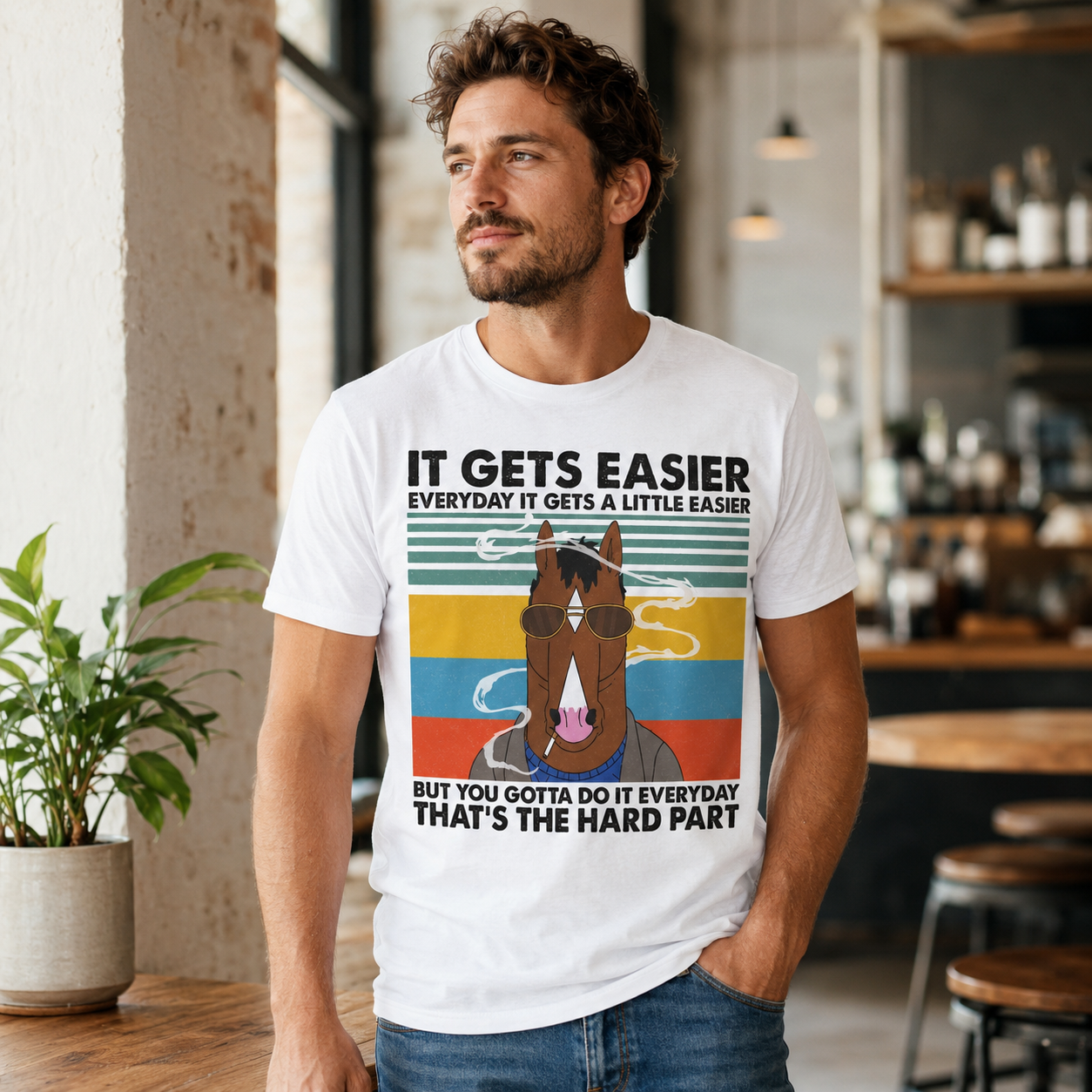Motivational Cartoon Horse Quote Graphic T-Shirt “It Gets Easier” Everyday Streetwear Tee