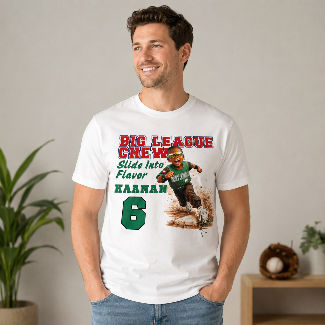 Big League Baseball Youth Graphic Tee – “Slide Into Flavor” Athletic Streetwear Sports Print Oversized Casual Baseball Culture T-Shirt – Kaanaan #6 Dirt Slide Action Illustration Tee