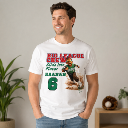Big League Baseball Youth Graphic Tee – “Slide Into Flavor” Athletic Streetwear Sports Print Oversized Casual Baseball Culture T-Shirt – Kaanaan #6 Dirt Slide Action Illustration Tee