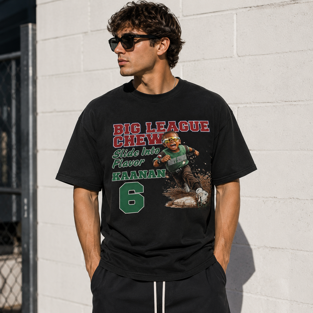 Big League Baseball Youth Graphic Tee – “Slide Into Flavor” Athletic Streetwear Sports Print Oversized Casual Baseball Culture T-Shirt – Kaanaan #6 Dirt Slide Action Illustration Tee