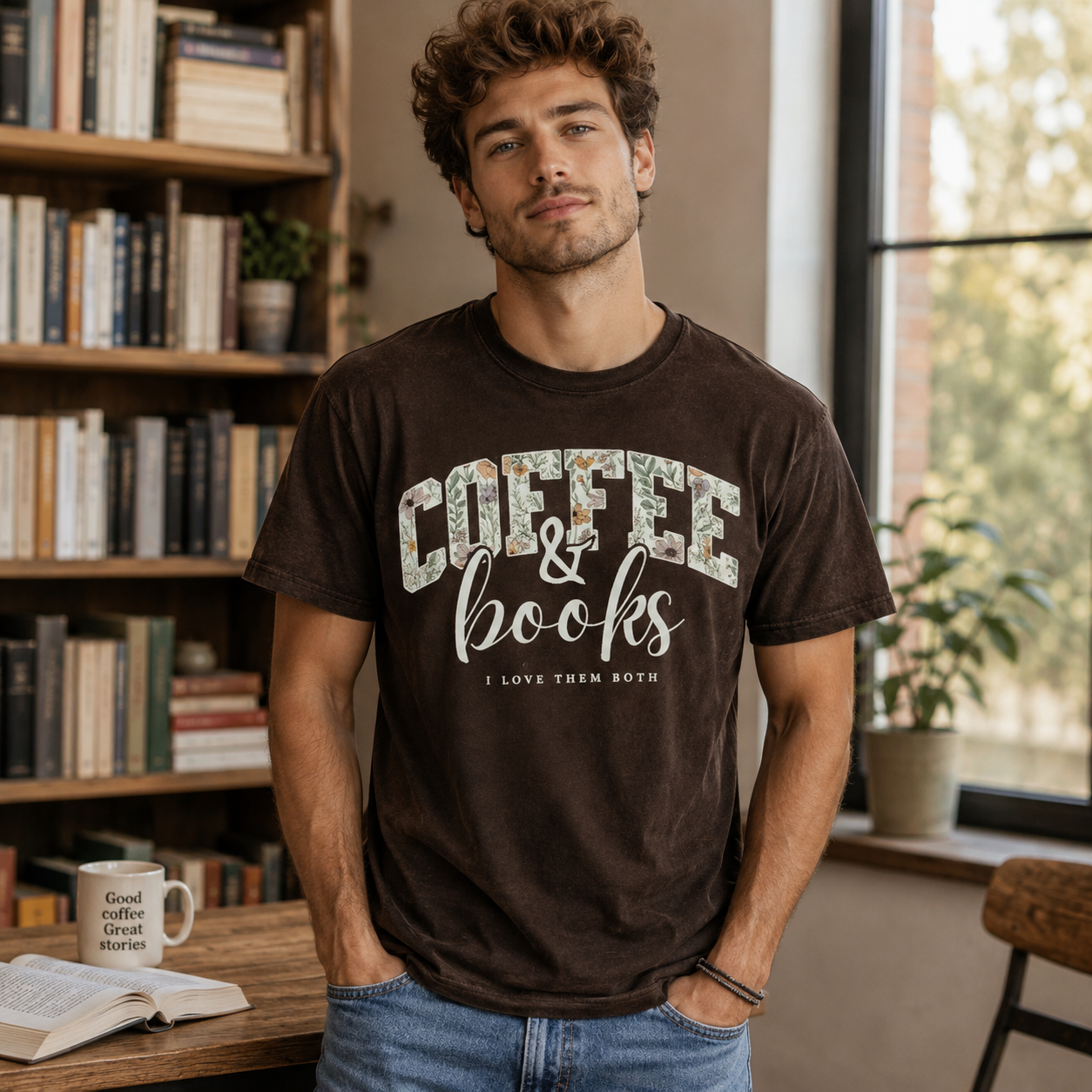 Coffee & Books Graphic Short Sleeve T-Shirt – Cozy Reading & Café Lifestyle Casual Tee