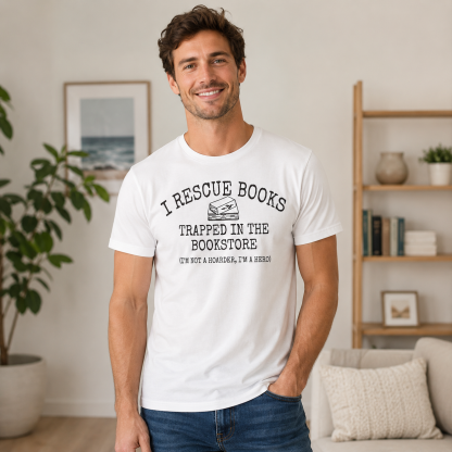 Book Rescue Club Graphic T-Shirt – Funny Book Lover “Bookstore Hero” Casual Tee