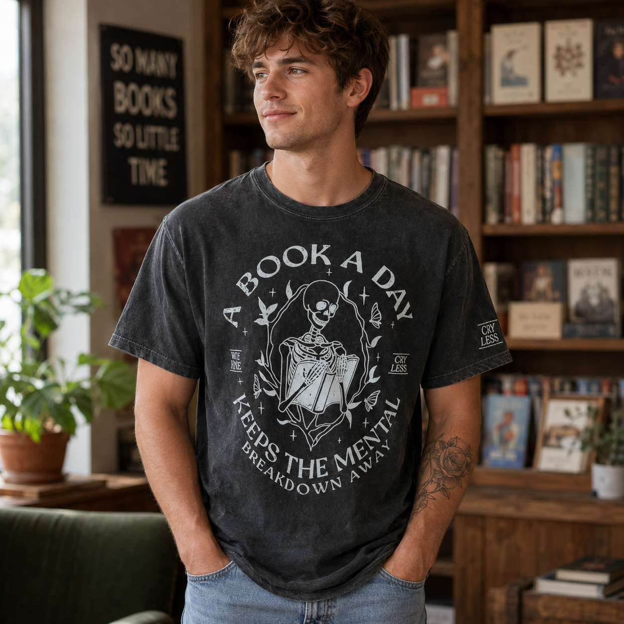 A Book a Day Keeps the Mental Breakdown Away Graphic Short Sleeve T-Shirt – Gothic Book Lover Casual Tee