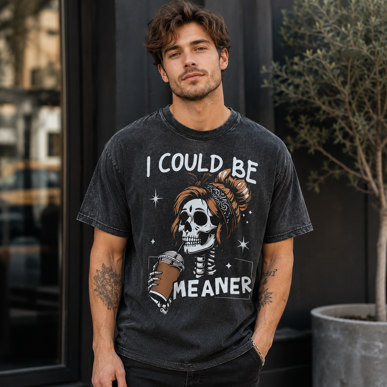 Dark Academia Skeleton Reader Graphic T-Shirt – “I Could Be Meaner” Gothic Coffee Casual Bookish Tee