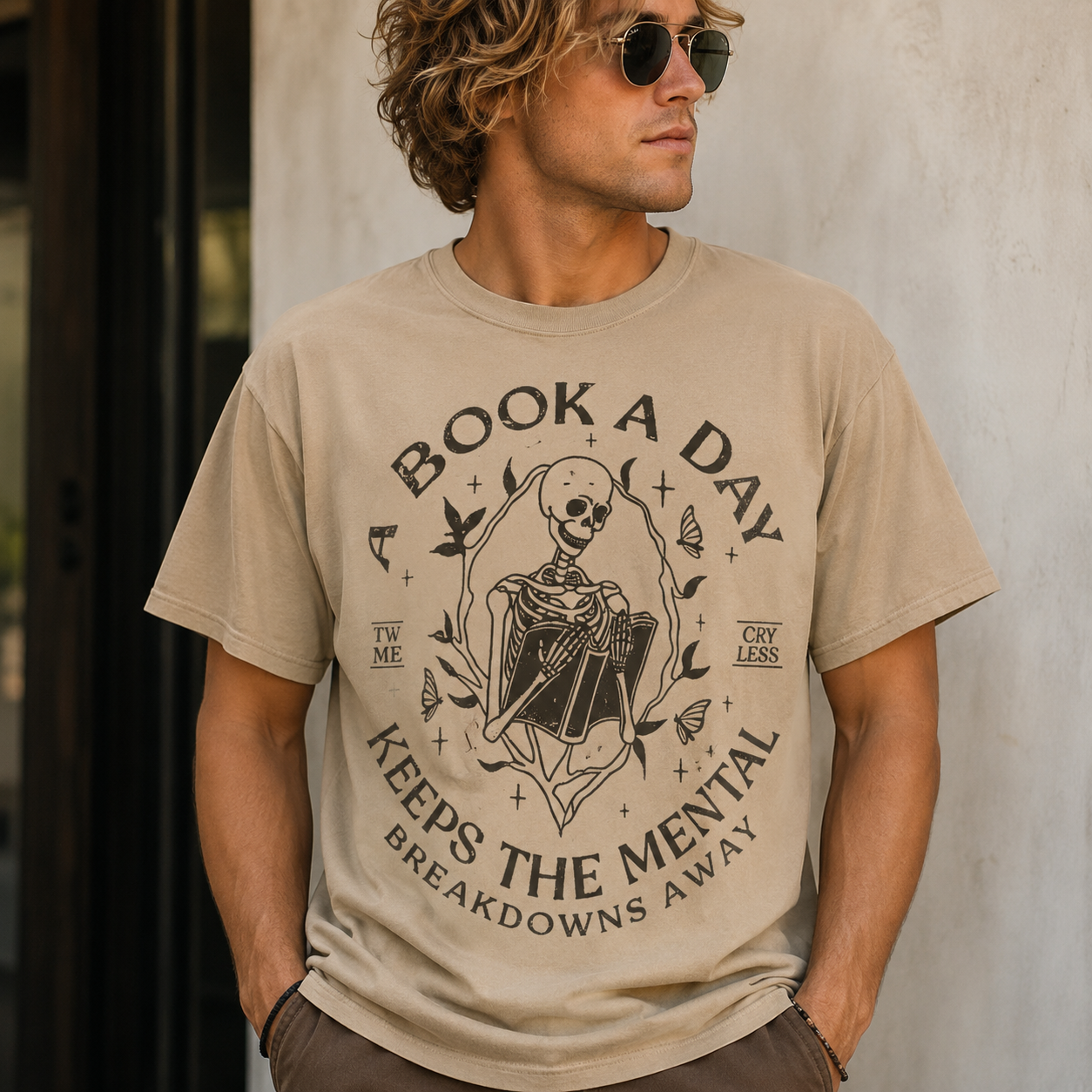 A Book a Day Keeps the Mental Breakdown Away Graphic Short Sleeve T-Shirt – Gothic Book Lover Casual Tee