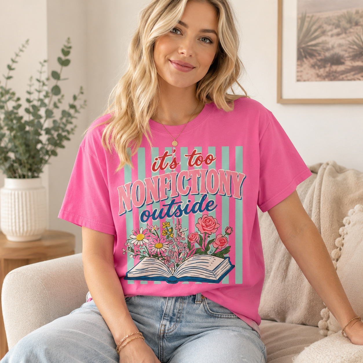 It’s Too Nonfictiony Outside Graphic Short Sleeve T-Shirt – Floral Book Lover Casual Reading Tee