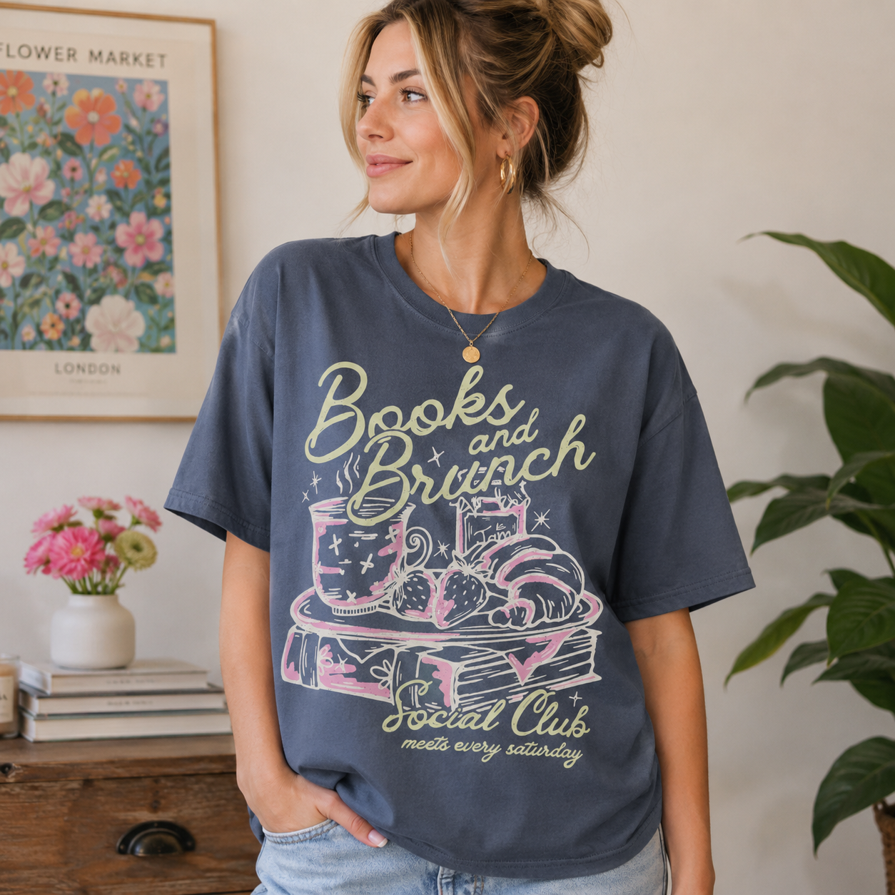 “Books and Brunch Social Club” Cozy Reader Graphic T-Shirt – Book Lover Weekend Club Tee