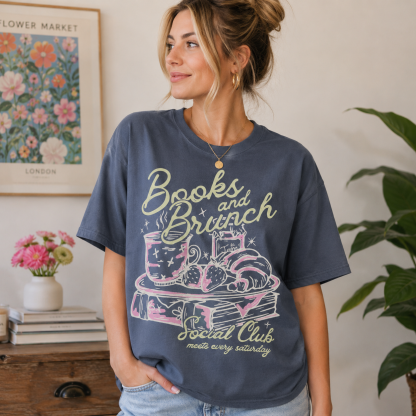 “Books and Brunch Social Club” Cozy Reader Graphic T-Shirt – Book Lover Weekend Club Tee