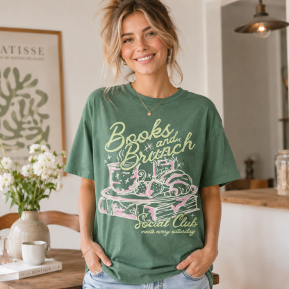 “Books and Brunch Social Club” Cozy Reader Graphic T-Shirt – Book Lover Weekend Club Tee