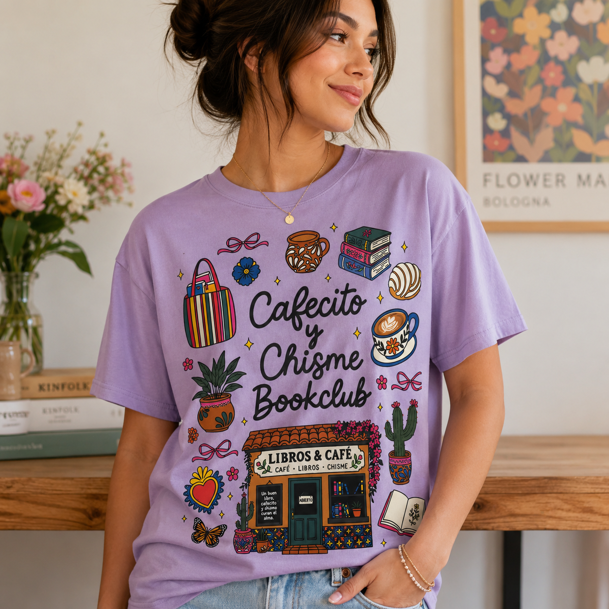 “Cafecito y Chisme Book Club” Cozy Reader Graphic T-Shirt – Book & Coffee Social Aesthetic Tee