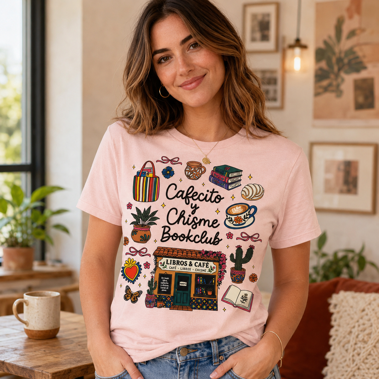 “Cafecito y Chisme Book Club” Cozy Reader Graphic T-Shirt – Book & Coffee Social Aesthetic Tee