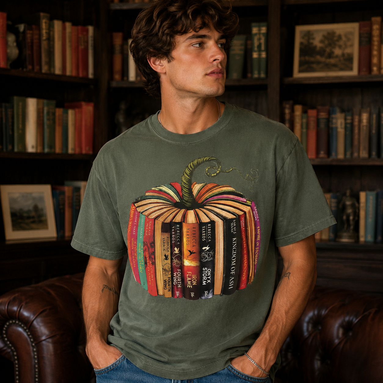 “Book Harvest Pumpkin Stack” Vintage Reader Graphic T-Shirt – Cozy Fantasy Book Lover Tee