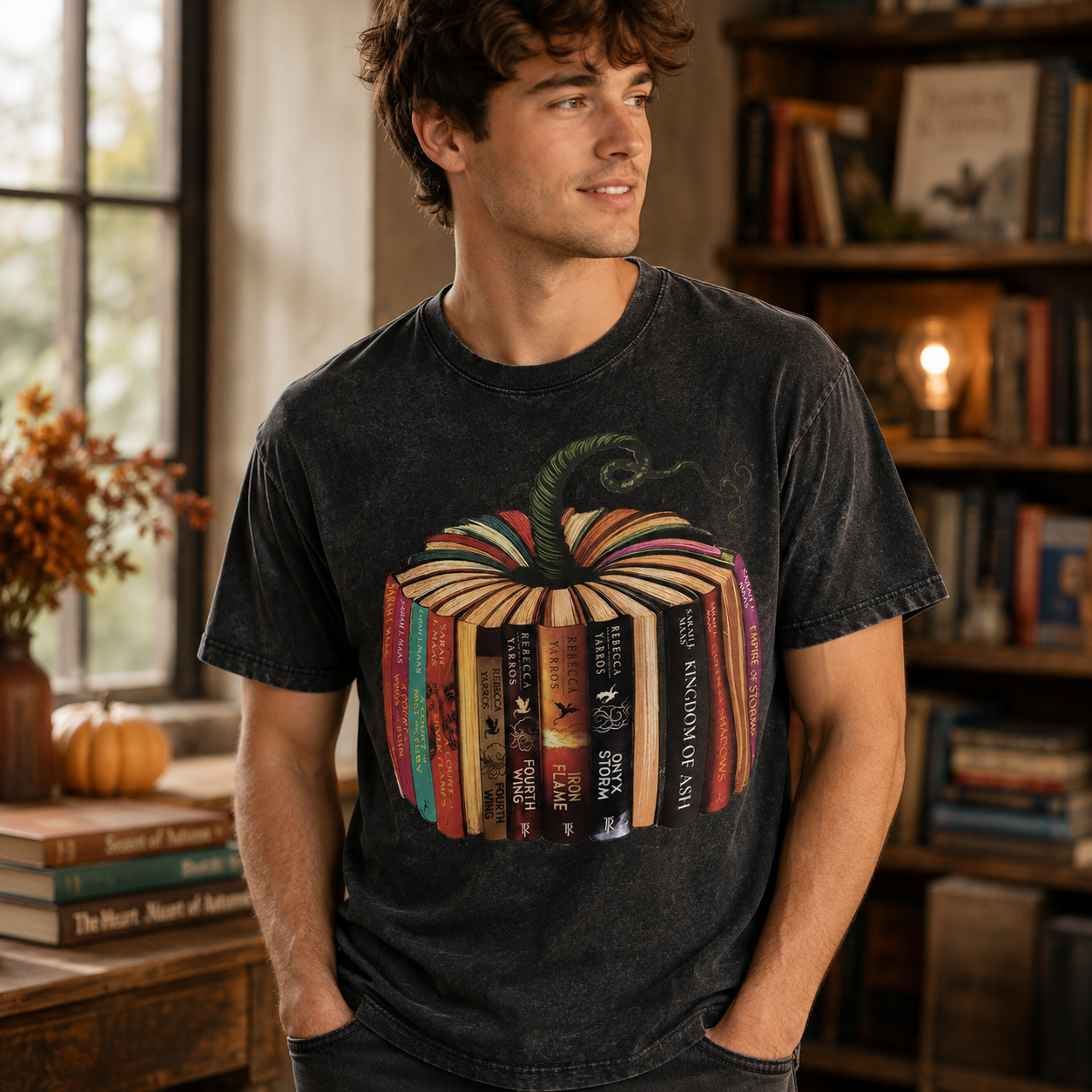 “Book Harvest Pumpkin Stack” Vintage Reader Graphic T-Shirt – Cozy Fantasy Book Lover Tee