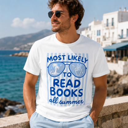 “Most Likely to Read Books All Summer” Coastal Reader Graphic T-Shirt – Summer Book Lover Tee