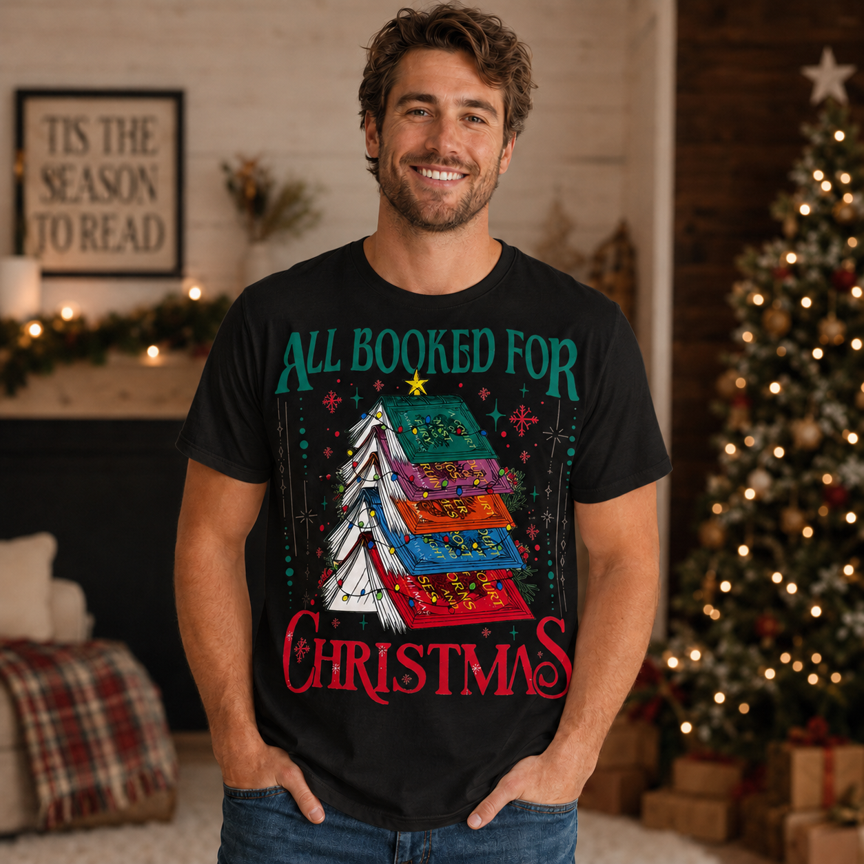 All Booked for Christmas Graphic T-Shirt – Holiday Book Lover Cozy Reading Festive Tee